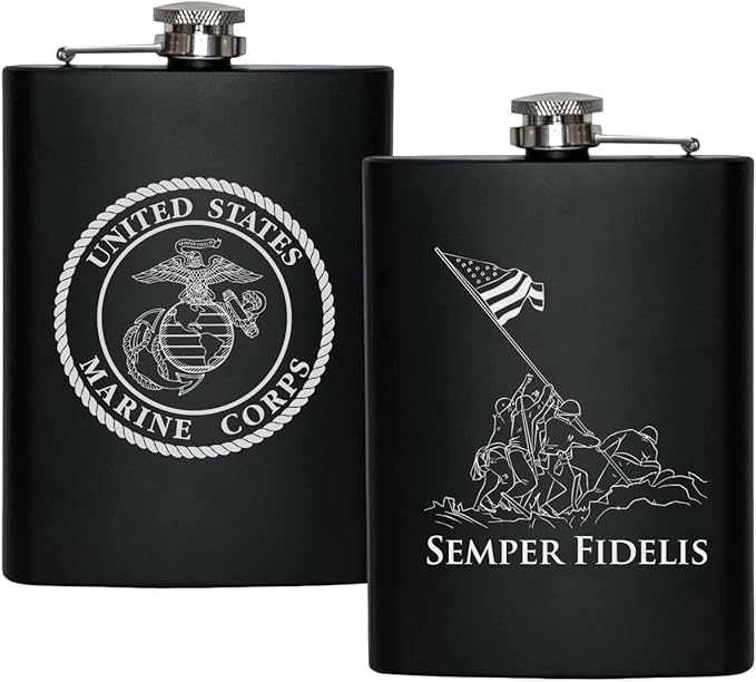 Stainless Steel Hip Flask for Liquor – Matte Black, Great Gift Idea for Marines | USMC 8oz Flask Black