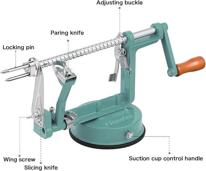 Apple Peeler Corer, Long lasting Chrome Cast Magnesium Alloy Apple Peeler Slicer Corer with Stainless Steel Blades and Powerful Suction Base for Apples and Potato(DeepGreen)