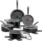 T-fal Preserve Ceramic, Non stick Cookware Set 13-Piece, Oven & Broiler Safe up to 350°F, Includes Stockpot, Saucepans, Frying Pans, Protectors, Pots and Pans, Black