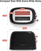 CROWNFUL 2-Slice Toaster, Extra Wide Slots Toaster, Retro Stainless Steel with Bagel, Cancel, Defrost, Reheat Function and 6-Shade Settings, Removal Crumb Tray, Black