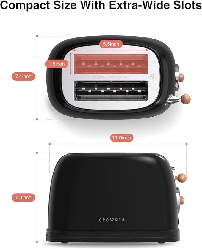 CROWNFUL 2-Slice Toaster, Extra Wide Slots Toaster, Retro Stainless Steel with Bagel, Cancel, Defrost, Reheat Function and 6-Shade Settings, Removal Crumb Tray, Black