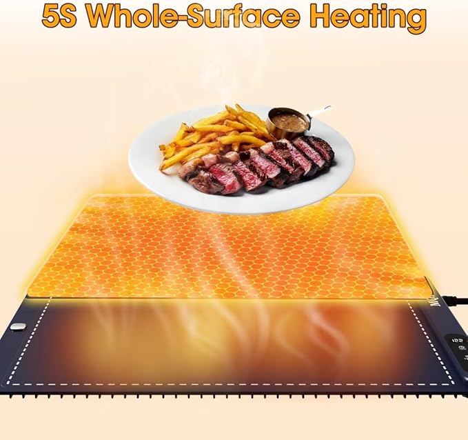 Food Warming Mat for Buffet,5s Full Surface Heating,Electric Warming Tray with 3m Power Cord,Roll Up Warming mat for Food,6 Level Adjustable TEM&6H Timer,Auto-Off Timer Food Warmer mat,Everyday Use