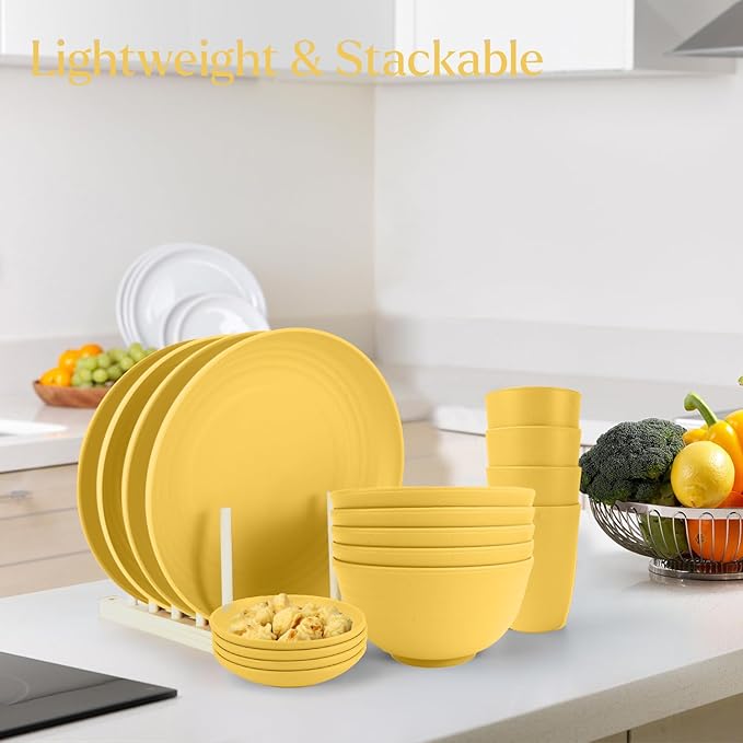 Wheat straw plates and bowls sets of 16 - Unbreakable wheat straw dinnerware sets for camping - Alternative plastic dinnerware set service for 4. Yellow