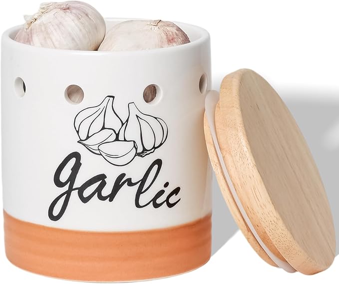 Large Garlic Keeper with Wood Lid, Ceramic Garlic Container for Counter,Garlic Saver to Keep Your Garlic Cloves Fresh Longer, 31 oz White/Brown