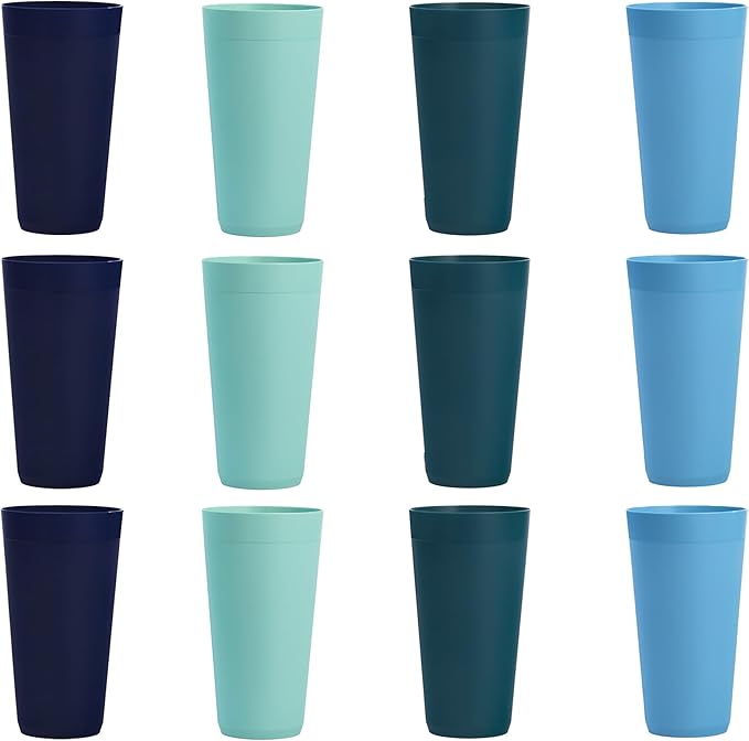 US Acrylic Newport 32 ounce Unbreakable Plastic Stackable Iced-Tea Tumblers in 4 Coastal Colors | Set of 12 Drinking Cups | Reusable, BPA-free, Made in the USA, Top-rack Dishwasher and Microwave Safe