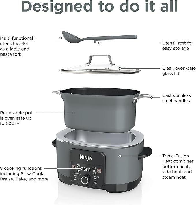 Ninja Foodi PossibleCooker PRO MC1000 8.5Qt Multicooker 8 in 1 Slow Cooker, Dutch Oven, Steam Bake Roast Sear Sauté Bread Maker Warmer, Glass Lid, Integrated Spoon, Nonstick (Gray)