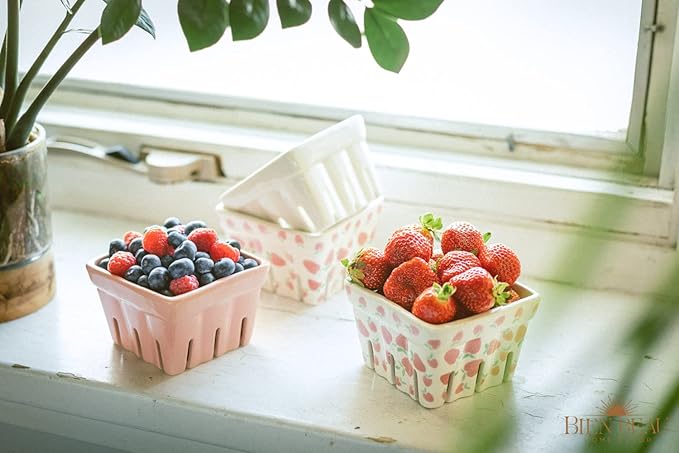 Ceramic Berry Basket, Farmhouse Colander, Strawberry Decor, Fruit Bowls, Fruit Baskets, Kawaii Strawberry Kitchen bowl, Pink White and Cute Strawberry pattern Stoneware Harvest Square Bowls Set of 4