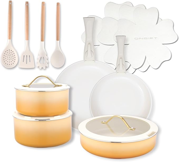 20pcs Ceramic Cookware Set Nonstick, Detachable Handle Pots and Pans Set, Non Toxic,No PFAS & PTFE & PFOA, Dishwasher/Oven Safe, RV Kitchen Set Removable Handle for Cooking, Yellow