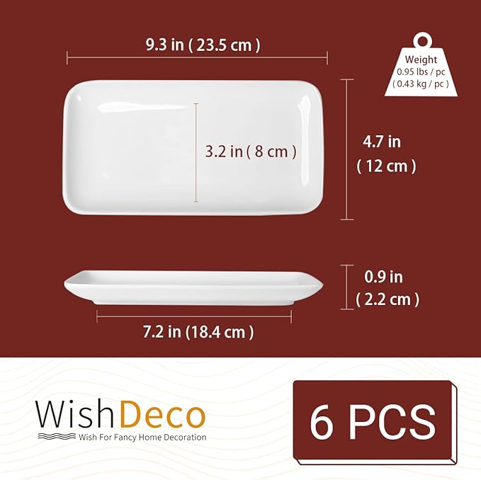Small Rectangle Plates Set of 6, White Serving Platters 9 inch, Ceramic Sushi Plates, Serving Plate for Appetizer, Dessert, Party, Microwave Safe
