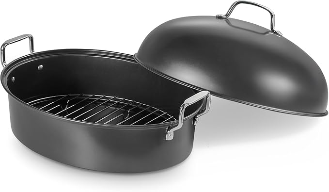 KITESSENSU Extra Large Roasting Pan with Lid - Nonstick Turkey Roaster Pan with Rack 18.5 x 14.5 Inch - Heavy Duty Covered Roasting Pot - All Ovens Fit & Dishwasher Safe, Gray