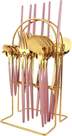 Pink Gold 24Pcs Flatware Set With Stand, Lightweight Dinnerware Set Stainless Steel Cutlery With Pink handles For Home Kitchen Wedding Party And Daily Use,Service For 6, Mirror Polish