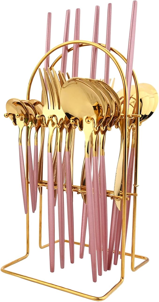 Pink Gold 24Pcs Flatware Set With Stand, Lightweight Dinnerware Set Stainless Steel Cutlery With Pink handles For Home Kitchen Wedding Party And Daily Use,Service For 6, Mirror Polish