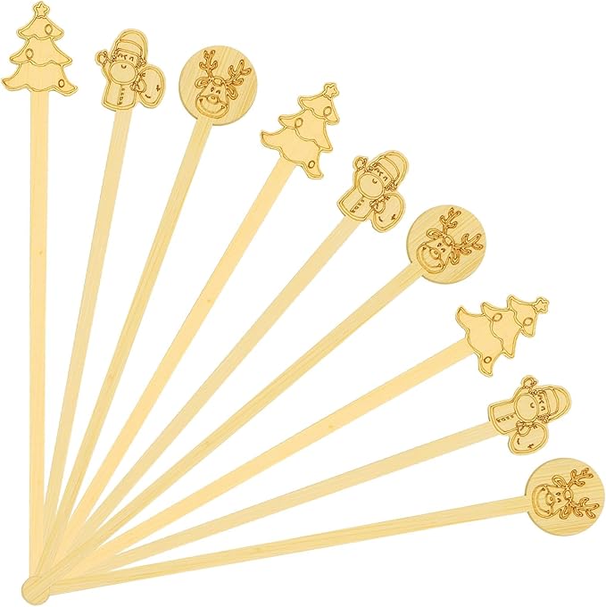 60PCS Bamboo Coffee Stirrers, 7inch Christmas Biodegradable Disposable Christmas Tree Santa Claus Reindeer Coffee Drink Cocktail Stirrers for Christmas Coffee Milk Office Home Hot Chocolate Bar