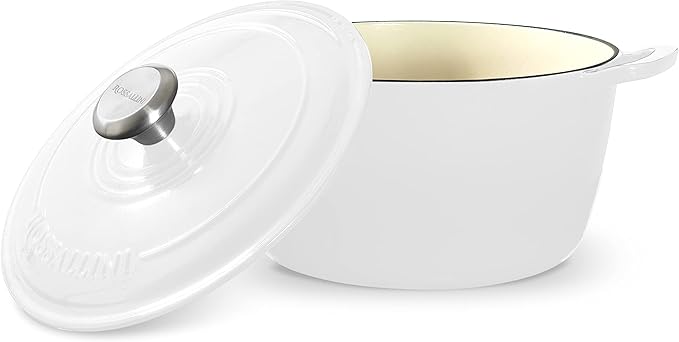 Signature Enameled Cast Iron Dutch Oven, Non-Stick Serving Pot with Tight Fitting Lid for Perfect Roasting, Baking, Sauteing, and Bread Making | 3.5Q (3.3L) - White