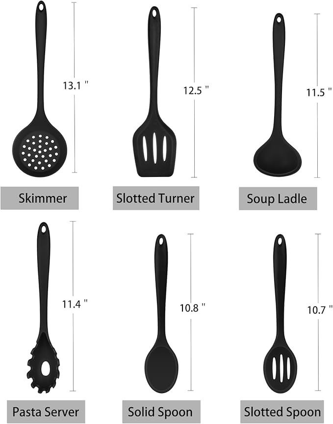 TeamFar Silicone Cooking Utensils Set of 6, Heat Resistant Kitchen Utensils, Spatula Ladle Spoon Pasta Server for Non-stick Cookware, Non-Toxic & One-Piece, Non-Scratch & Dishwasher Safe, Black