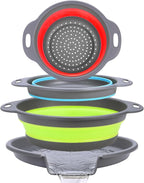 Collapsible Colander Set with Universal Draining Tray | 3-Pack Foldable Kitchen Strainers + Base | Space Saving for Pasta, Veggies, Fruit & Rice | 5 Colors (Gray-Blue-Red-Green)