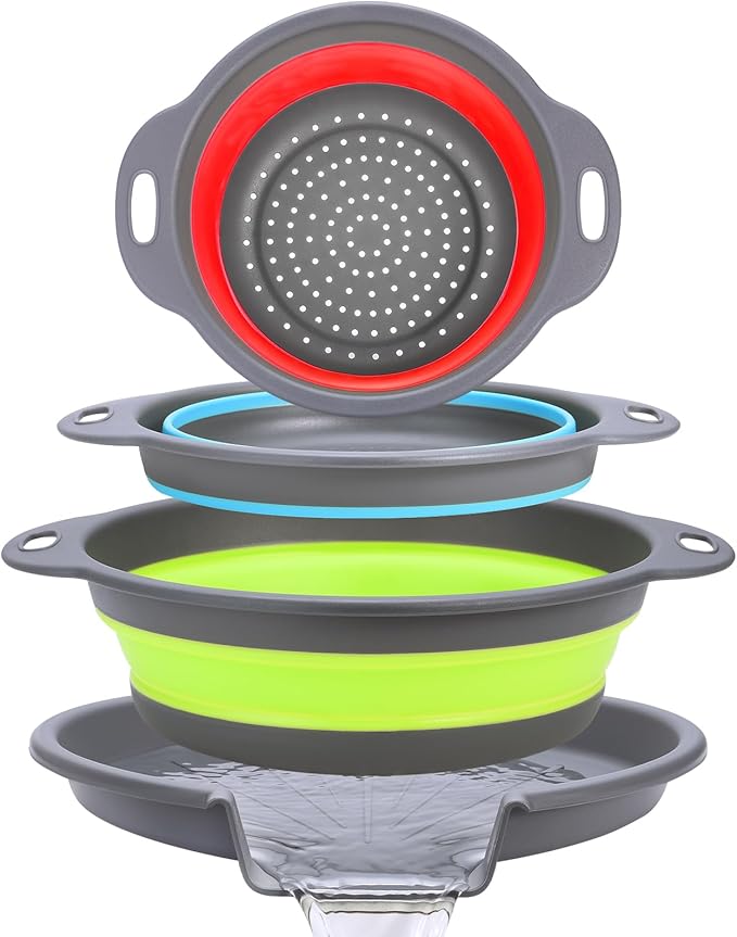 Collapsible Colander Set with Universal Draining Tray | 3-Pack Foldable Kitchen Strainers + Base | Space Saving for Pasta, Veggies, Fruit & Rice | 5 Colors (Gray-Blue-Red-Green)