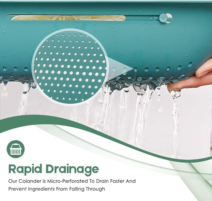 Collapsible Colander Kitchen Extendable Strainer Fruits Vegetables Noodle Pasta Food Drain Basket Space-Saver Portable Drainer Over Sink (Green)