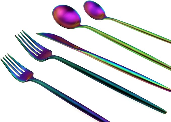 JASHII 18/10 Stainless Steel 5-Piece Matte Rainbow colorful Flatware Set,Dinner Knife Fork Salad Fork Dessert Spoon, Service for 1, Luxury Silverware Cutlery Utensil Sets