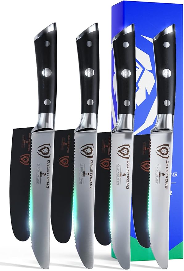 Dalstrong Steak Knives-4pc- Serrated Blade-Gladiator Series Elite-Forged German High-Carbon Steel-Table Dinner Kitchen Knives-Sheaths-Razor Sharp - Dinner Set-NSF Certified