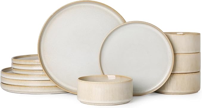 Stoneware Dinnerware Sets, Plates and Bowls Set for 4, 12-Piece Ribbed Dishes – Chip & Scratch Resistant, Microwave and Dishwasher Safe Tableware, Cream Off-White
