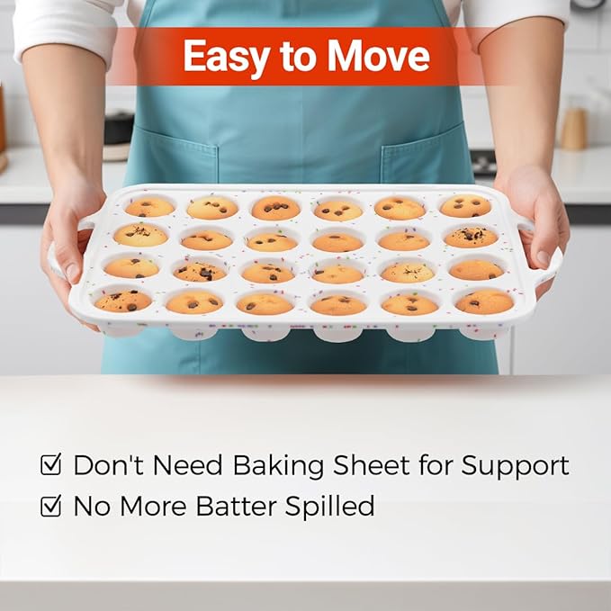 Mini Muffin Pan, Metal Reinforced Frame Mini Cupcake Pans 24 Cups Nonstick Muffin Silicone Molds with Handle for Baking Muffins, Cupcakes, Egg Bites 2 Pack