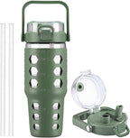 MUKOKO 32 oz Glass Tumbler with Straw,Glass Water Bottles with Time Marker,Iced Coffee Cup with Silicone Sleeve,Motivational Drinking Bottles,Leakproof-Olive