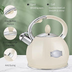 Tea Kettle for Stovetop Induction Whistling Tea Kettles 2.64 Quart Retro Food Grade Stainless Steel Teapots with Cool Touch Handle Cream