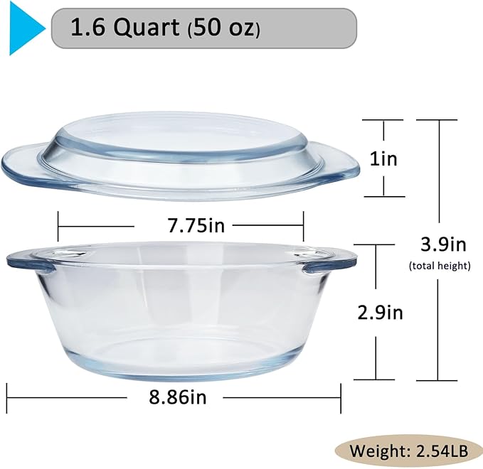 Small Glass Casserole Dish With Lid, 1.5L Microwavable Bowl, Easy Grab Baking Dish - Oven Safe