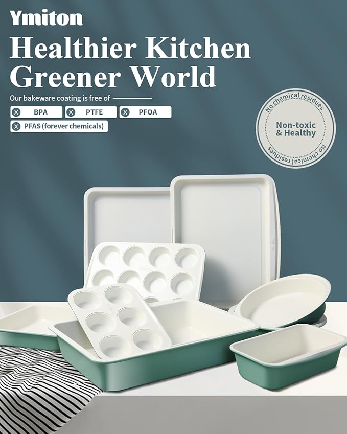 Ceramic Nonstick Baking Pans Set, Non Toxic 33 PCS Stackable Bakeware Sets, 550°F Oven Safe Baking Sheet & Pans, Warp-Free, Dishwasher Safe, PTFE/PFOA/PFOS-Free (Green)