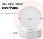 Brew To A Tea - White Porcelain Dessert Plates, Set of 6, 8.2 inch, Small Plates for Appetizers, Lightweight, Durable, Dishwasher Safe