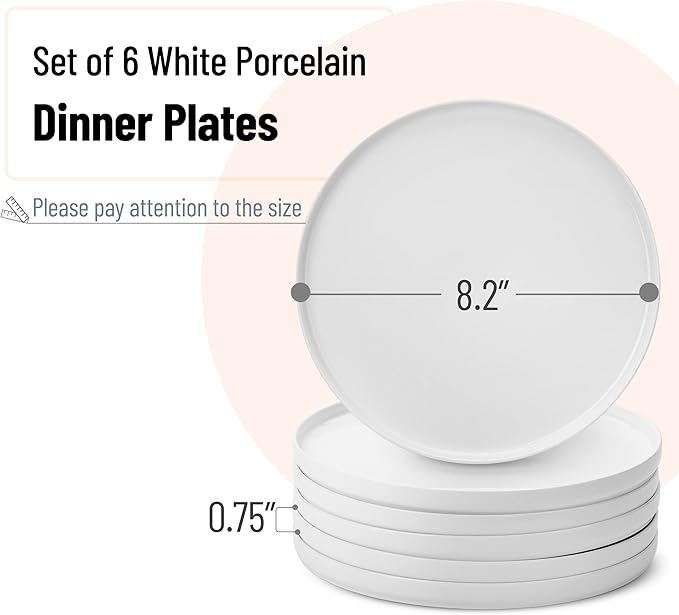 Brew To A Tea - White Porcelain Dessert Plates, Set of 6, 8.2 inch, Small Plates for Appetizers, Lightweight, Durable, Dishwasher Safe