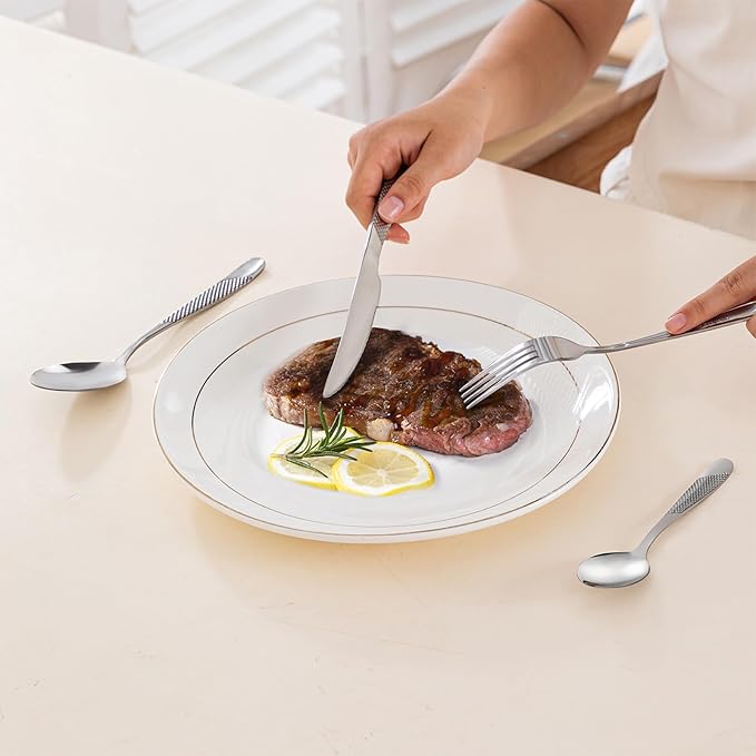 24-Piece Silvery Hammered Silverware Set, Food-Grade Stainless Steel Flatware Service for 6, Modern Cutlery Utensil Set with Forks Knives Spoons, Mirror Polished, Dishwasher Safe for Dining Restaurant