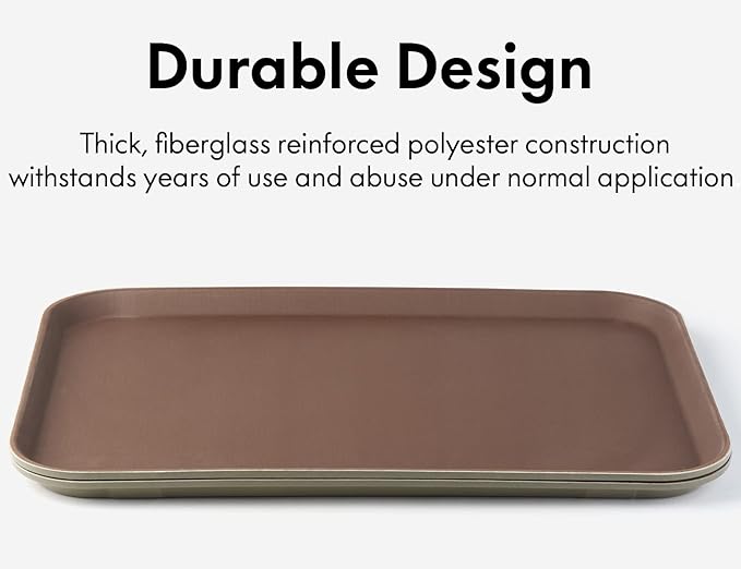 CURTA 2-Pack Restaurant Grade Non-Slip Tray, NSF, 22 Inch x 16 Inch, Plastic Rubber Lined Rectangular Serving Tray, Brown