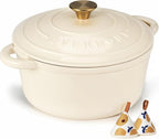 Overmont Enameled Cast Iron Dutch Oven - 4.5QT Pot with Lid Cookbook & Cotton Potholders - Heavy-Duty Cookware for Braising, Stews, Roasting, Bread Baking white