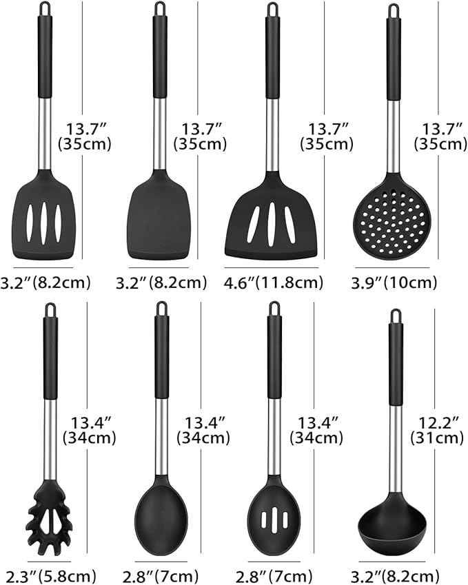 Silicone Cooking Utensil Set, 8Pcs Non-stick Cookware with Stainless Steel Handle, BPA Free Heat Resistant Kitchen Tools with Spatulas, Turners, Spoons, Skimmer and Pasta Fork