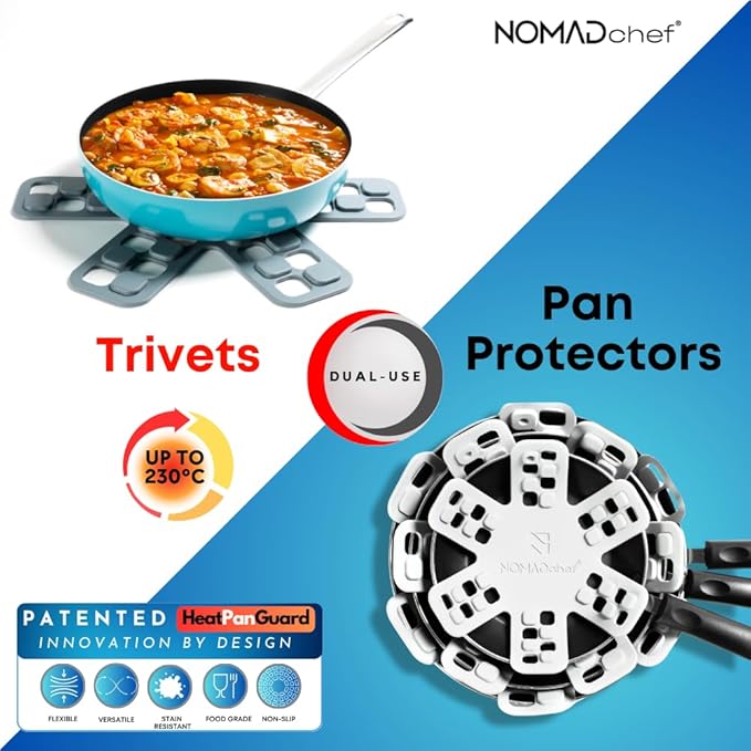 Dual-Use Silicone Pan Protectors for Stacking & Trivets for Hot Dishes | Silicone Trivet Mat | Perfect for Pot and Pan Protectors | 2-Pack Medium (12.5in) Cookware Protectors (M2-WHT/Grey)
