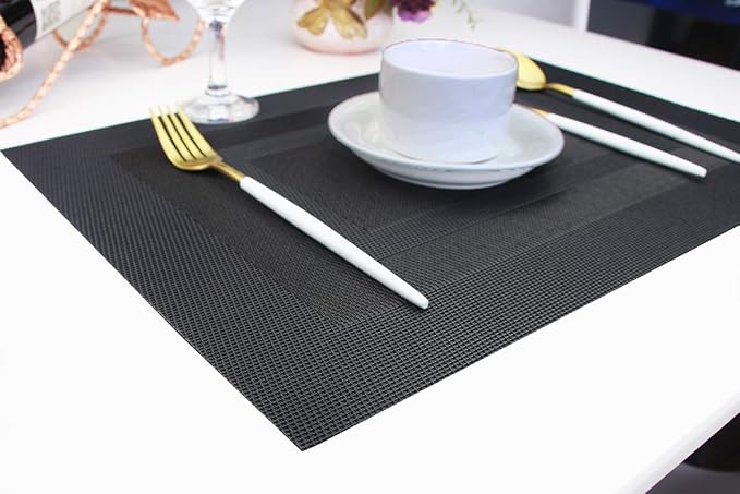 PIGCHCY Placemats,Washable Woven Vinyl Durable Placemats for Dining Table,Easy to Clean Plastic Placemats Set of 6 (18 x 12 inches, Pure Black)