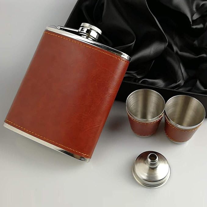 7 Oz Stainless Steel Hip Flask Gift Set Brown Leather with 2 Cups and Funnel 100% Leak Proof for Alcohol, Whiskey, Rum and Vodka Pocket Mini Drinking Flasks