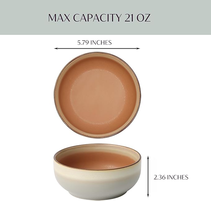 Ceramic Cereal Bowls Set of 4, 21 oz Stoneware Bowls for Soup, Salad, Dessert or Ice Cream - Stackable, Dishwasher & Microwave Safe, Small Rustic Bowls for Kitchen -Terracotta/Reactive Glaze