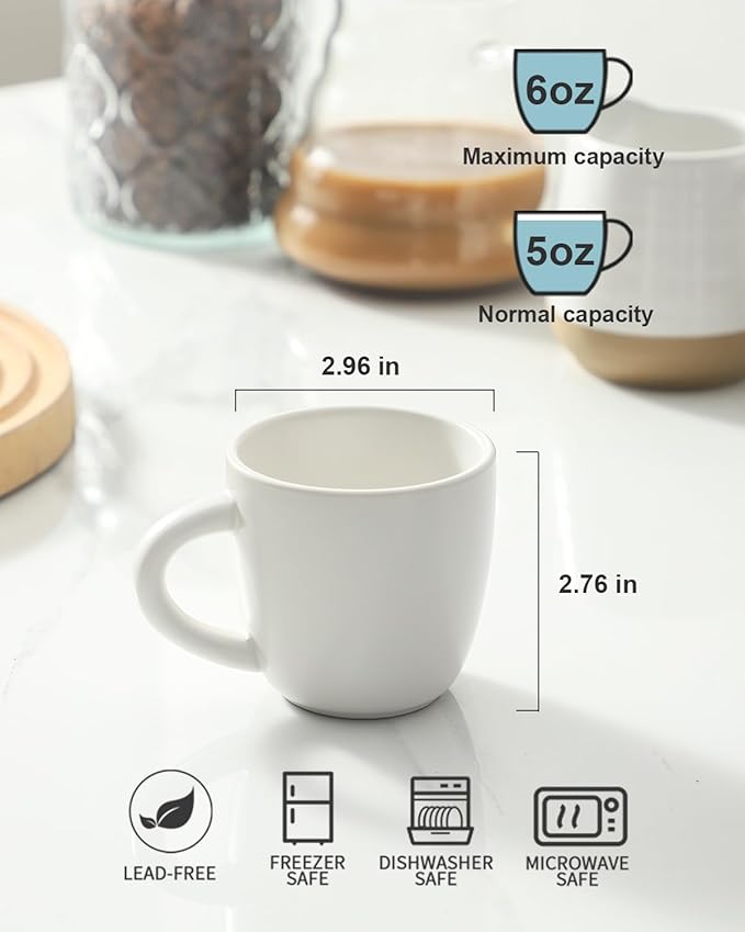 Hasense Espresso Cups Set of 4 Perfect for Demitasse, Cappuccino, Tea Bag and Juice, 5 Ounce Ceramic Stackable Mini Coffee Mugs Suit for Espresso Machine and Coffee Maker, White