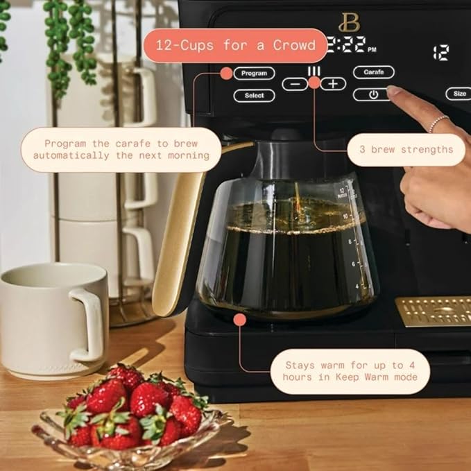 Beautiful by Drew Barrymore Multi-Brew Coffee Maker, 12-Cup Carafe + Single-Serve, Pods or Grounds, Over Ice, Touch Display. (BLACK SESAME)