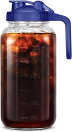 64OZ Mason Jar Pitcher, Blue, 2 Quarts, Leak-Proof Flip Cap Lid, Sturdy Handle, Country Rustic Style