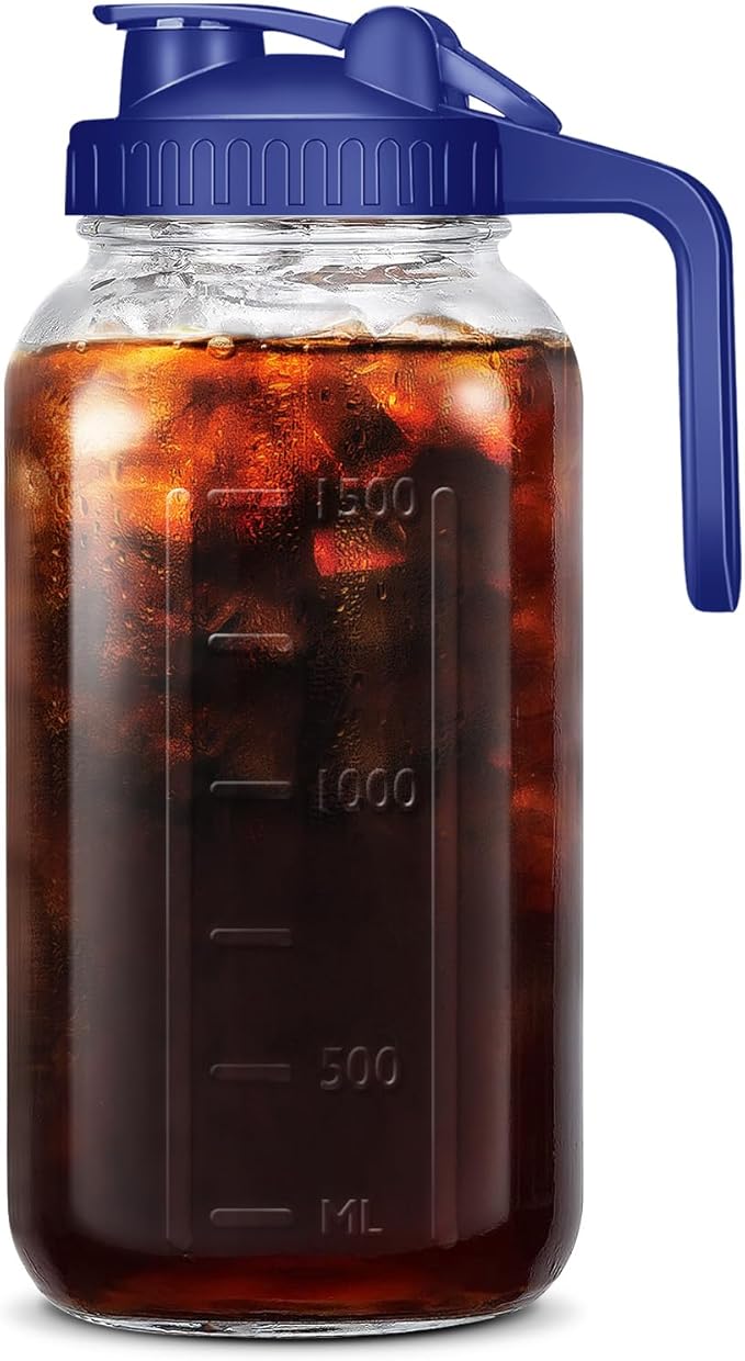64OZ Mason Jar Pitcher, Blue, 2 Quarts, Leak-Proof Flip Cap Lid, Sturdy Handle, Country Rustic Style