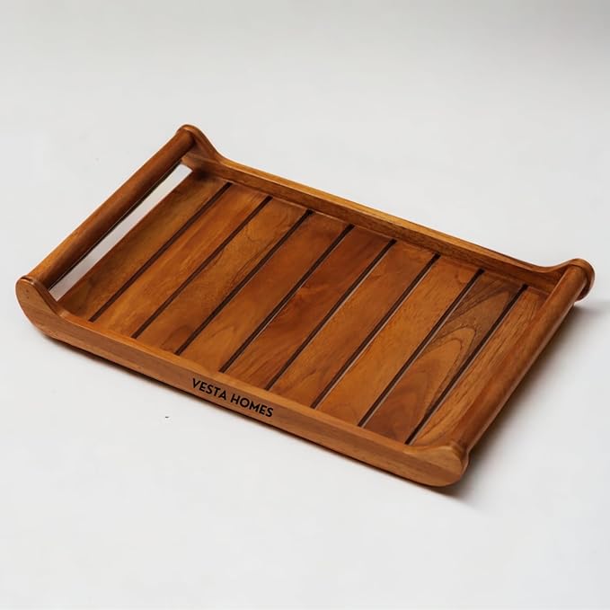 Vesta Homes Teak Wood Serving Tray for Home,Kitchen,Restaurant,Office Organizer,Dining Table, Premium Wooden Trays, 18" x 12", Extra Large, Handmade In India (Brown)(Extra Large)