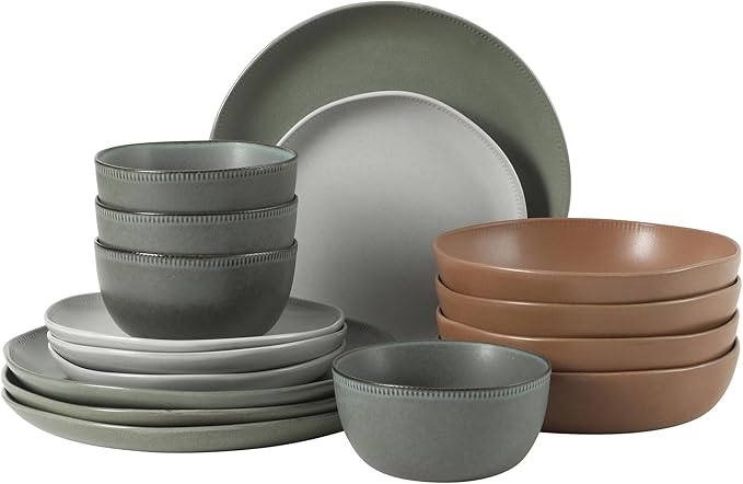 Gibson Elite Menlo Park 16-Piece Pottery Clay Stoneware Dinnerware Set – Assorted Color Reactive Glaze, Organic Shape Embossed Plates and Bowls W/Pasta Bowl, Service for 4 Microwave Dishwasher Safe