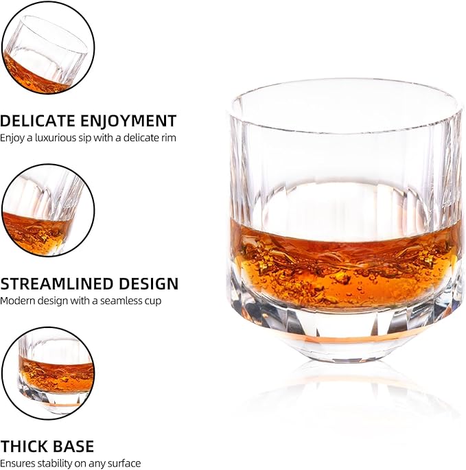 KAMMAK Crystal Whiskey Glasses Set of 2, 10.15 oz (300 ml) Hand Blown Old Fashioned Tumbler, Thick Base Glass with Delicate Rim & Seamless Design for Scotch, Bourbon, Cocktails, Lead-Free Barware