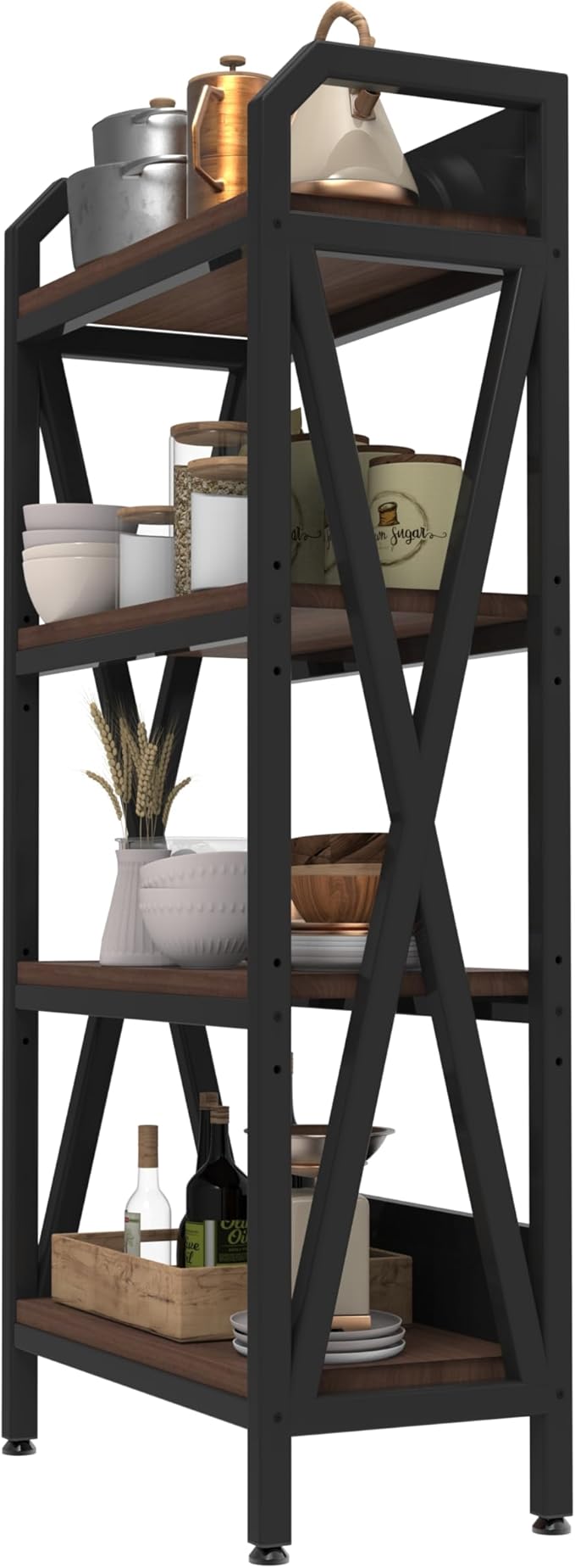 KEIKI 4-Tier Kitchen Bakers Rack with Storage, 55'' Bookcase Shelf Adjustable Shelves Freestanding, Microwave Stand, Bakers Rack for Kitchen, Garage, Pantry, Bathroom