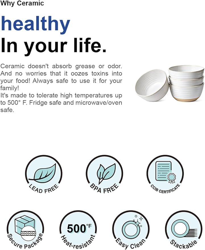LE TAUCI Cereal Bowls Set of 4, Ceramic Soup Bowl 28 oz, Stoneware Kitchen Bowl for Pho, Chip, Fruit, Salad, Noodle, Ramen, Dishwasher Oven Microwave Safe - 6 Inch, Arctic white