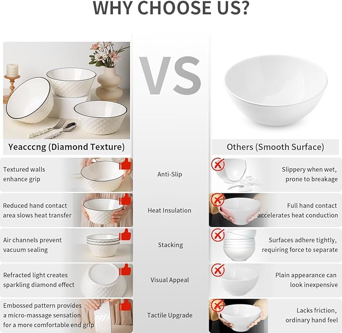 Yeacccng Deep Soup Bowls Set of 3, 46oz Large Cereal Bowls, Large Soup Bowl for Kitchen, 8 inch Diamond Pattern Decorative Bowls, Dishwasher & Microwave Safe, Scratch-Resistant, Lead-Free, Easy Clean